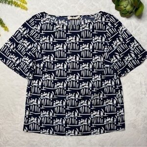 Tory Burch Figurines Cotton Poplin Short Sleeve Abstract Printed Top in Navy 12